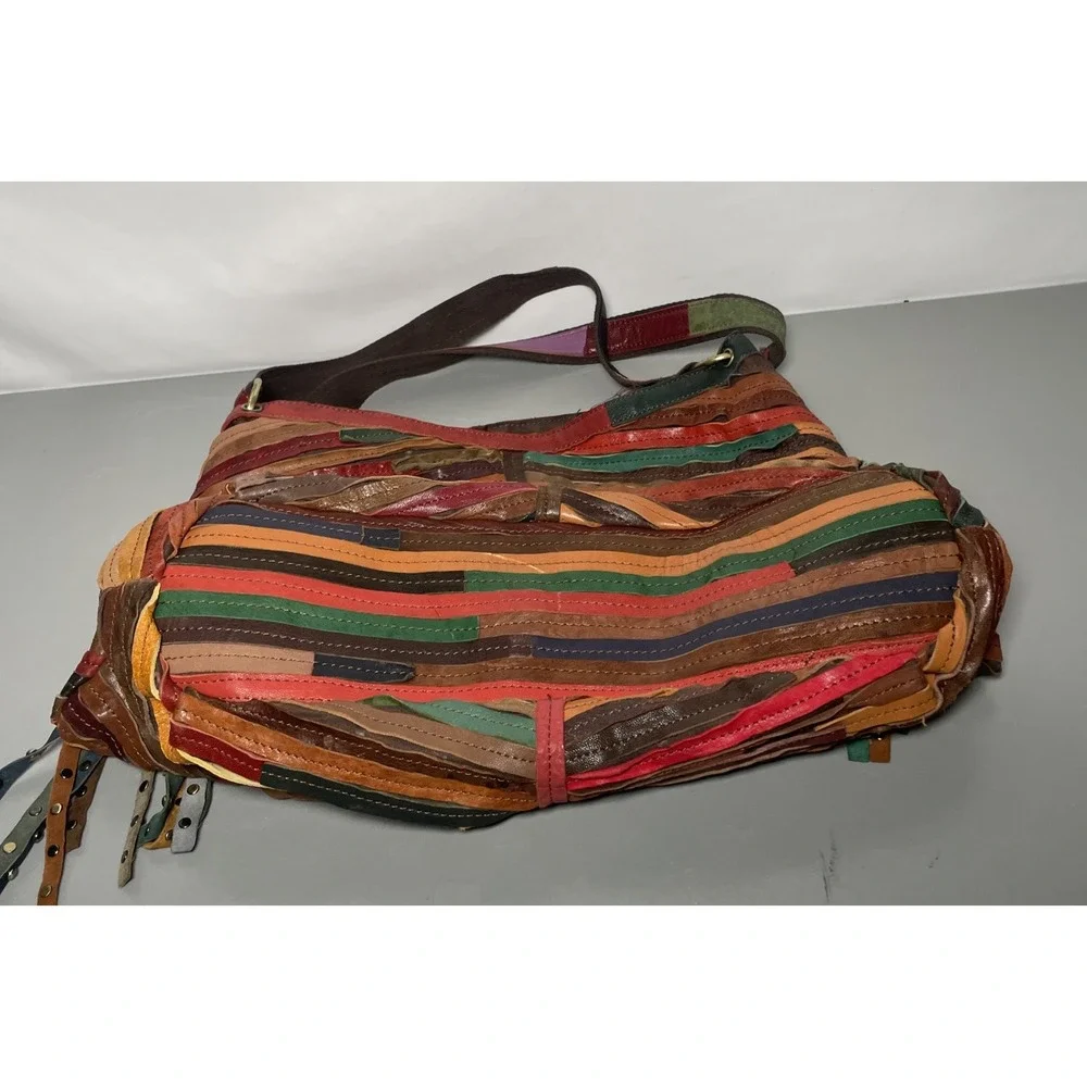 Multi Colored Patchwork Leather Stripes Hobo Studded Bag